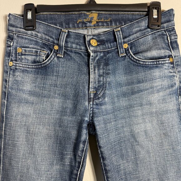 7 For All Mankind Low Rise Flare Denim Jeans Womens 26 Blue Distressed Retro Y2K - Picture 6 of 13